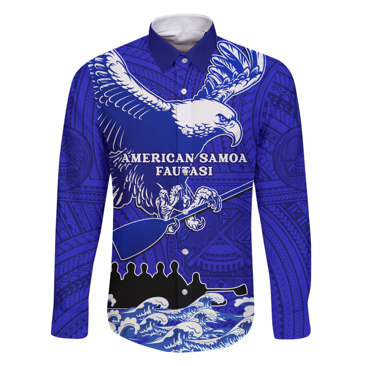 Personalised American Samoa Fautasi Race Family Matching Off Shoulder Long Sleeve Dress and Hawaiian Shirt Eagle With Polynesian Pattern LT14 Dad's Shirt - Long Sleeve Blue - Polynesian Pride