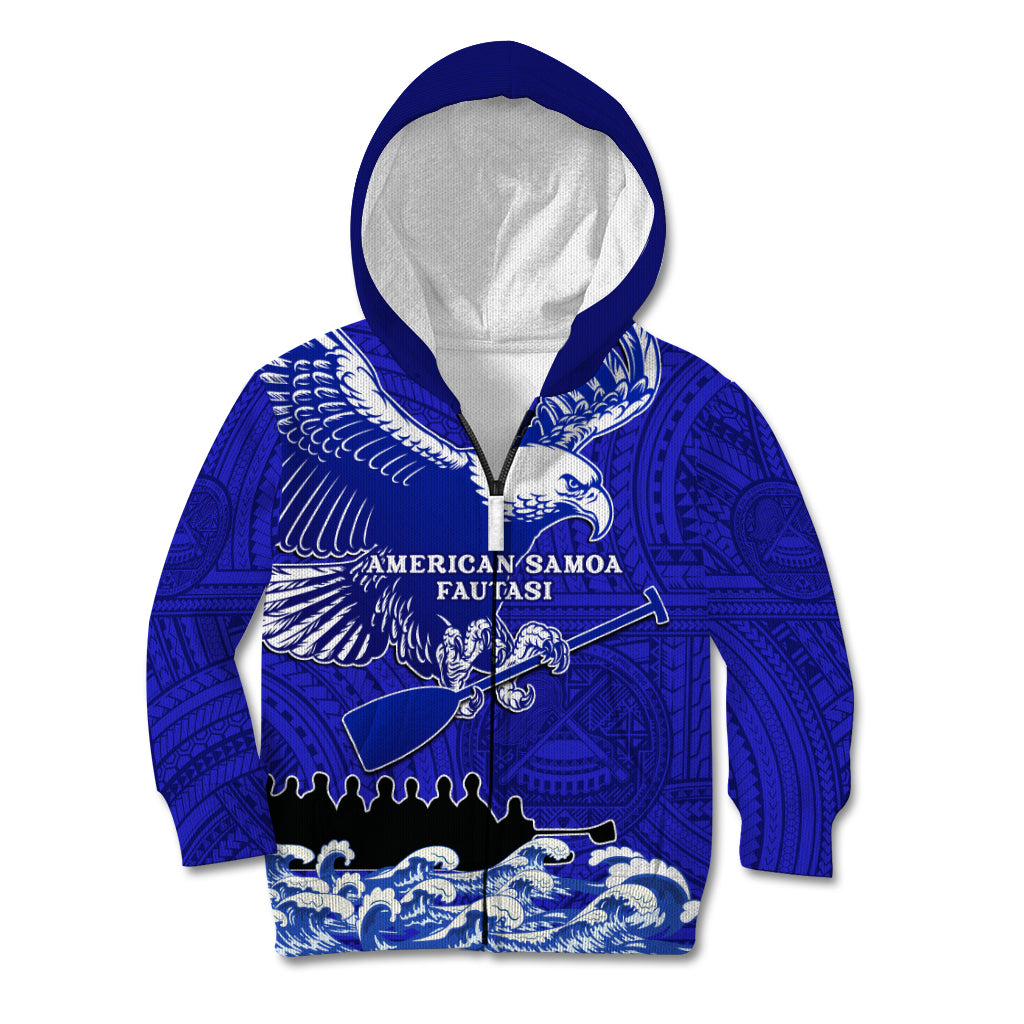 Personalised American Samoa Fautasi Race Kid Hoodie Eagle With Polynesian Pattern LT14 Zip Hoodie Blue - Polynesian Pride