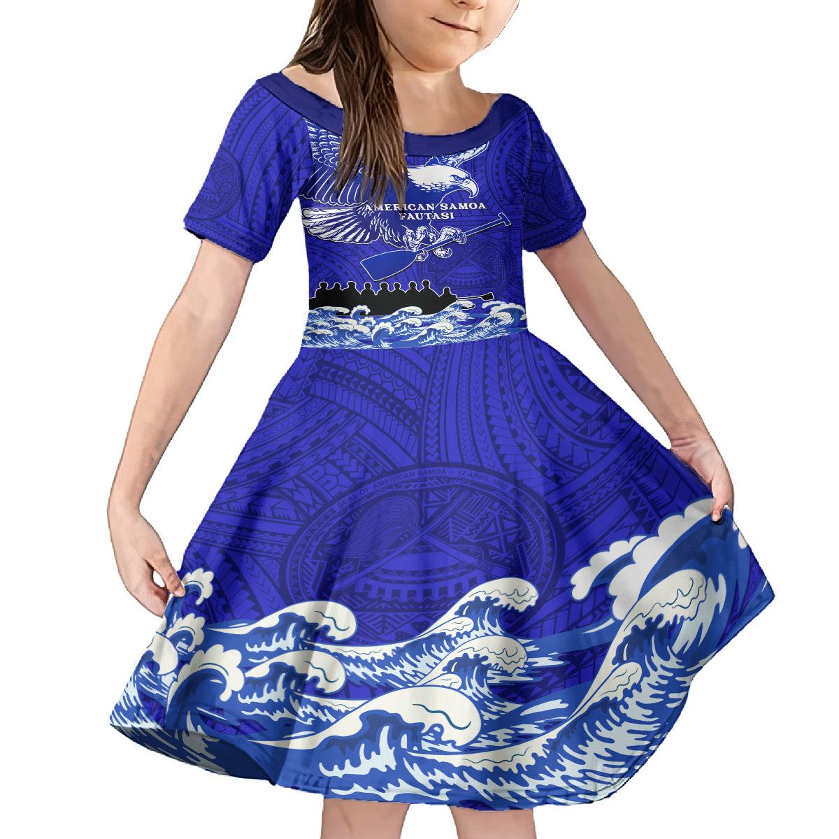 Personalised American Samoa Fautasi Race Kid Short Sleeve Dress Eagle With Polynesian Pattern LT14 KID Blue - Polynesian Pride