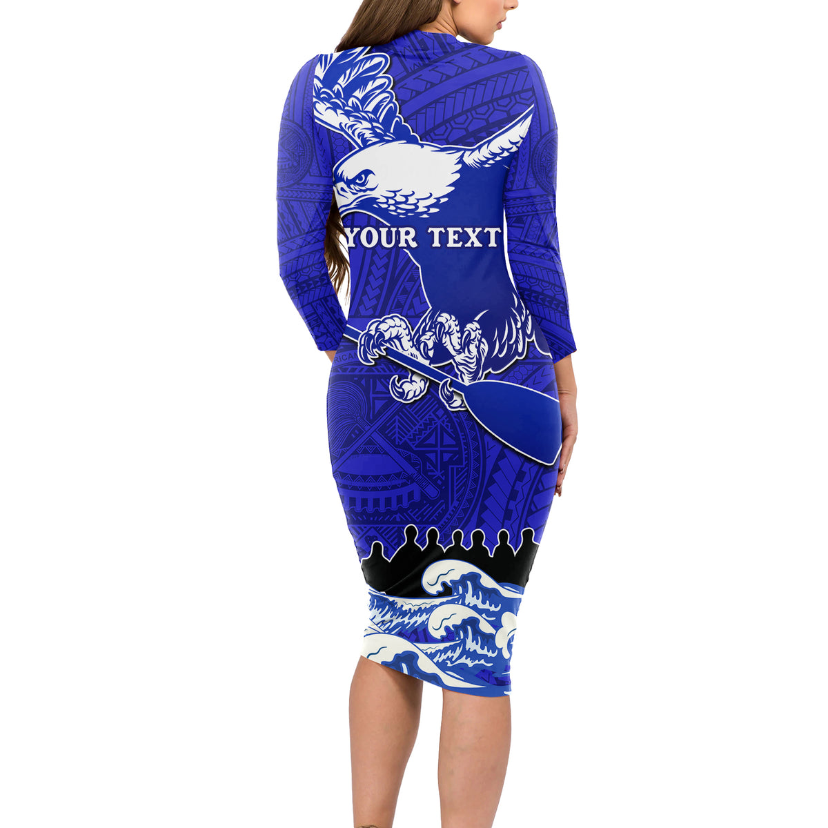 Personalised American Samoa Fautasi Race Long Sleeve Bodycon Dress Eagle With Polynesian Pattern LT14 - Polynesian Pride