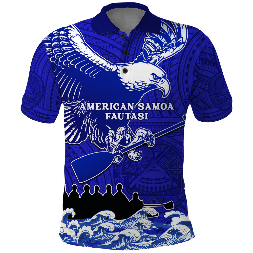 Personalised American Samoa Fautasi Race Polo Shirt Eagle With Polynesian Pattern LT14 Blue - Polynesian Pride