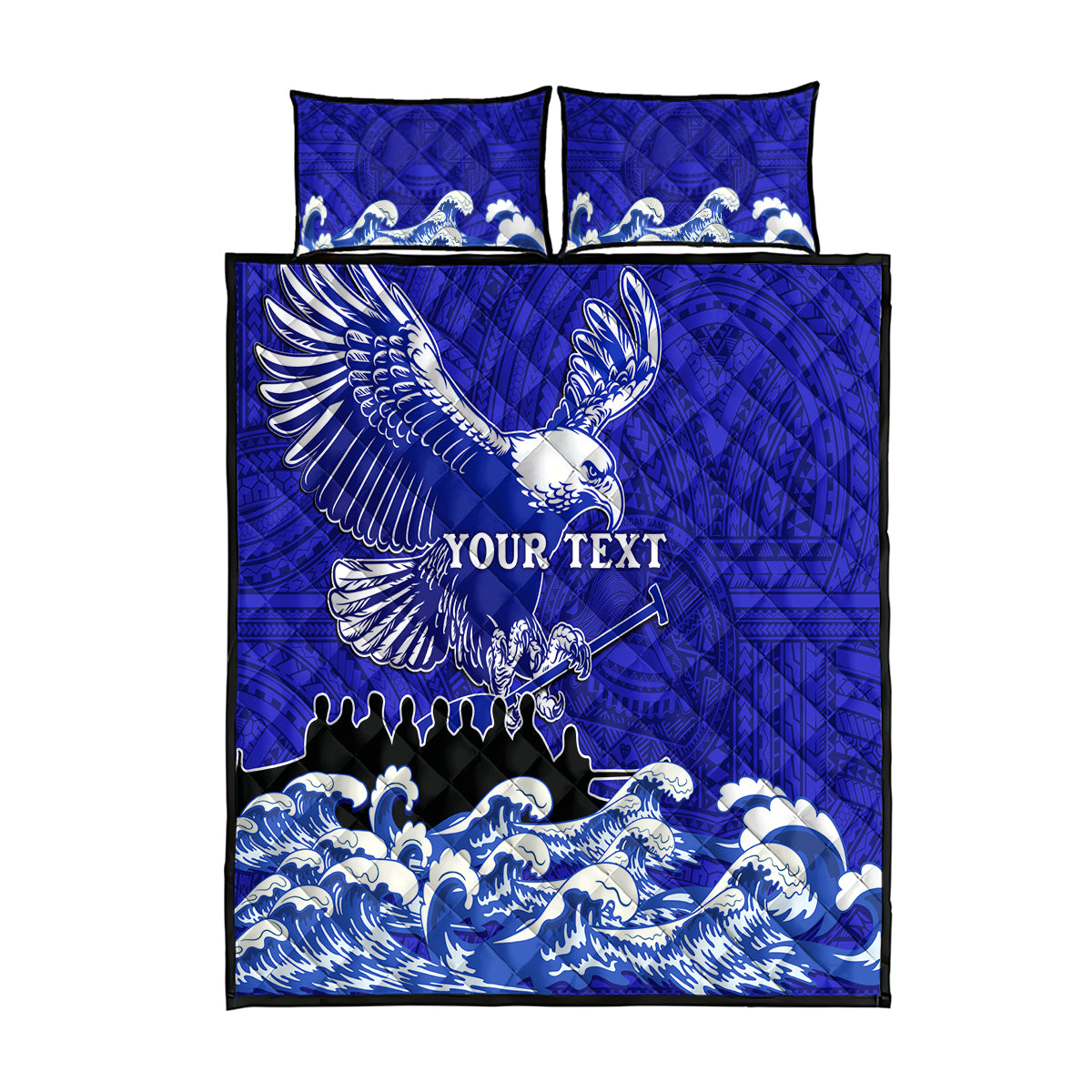 Personalised American Samoa Fautasi Race Quilt Bed Set Eagle With Polynesian Pattern LT14 Blue - Polynesian Pride