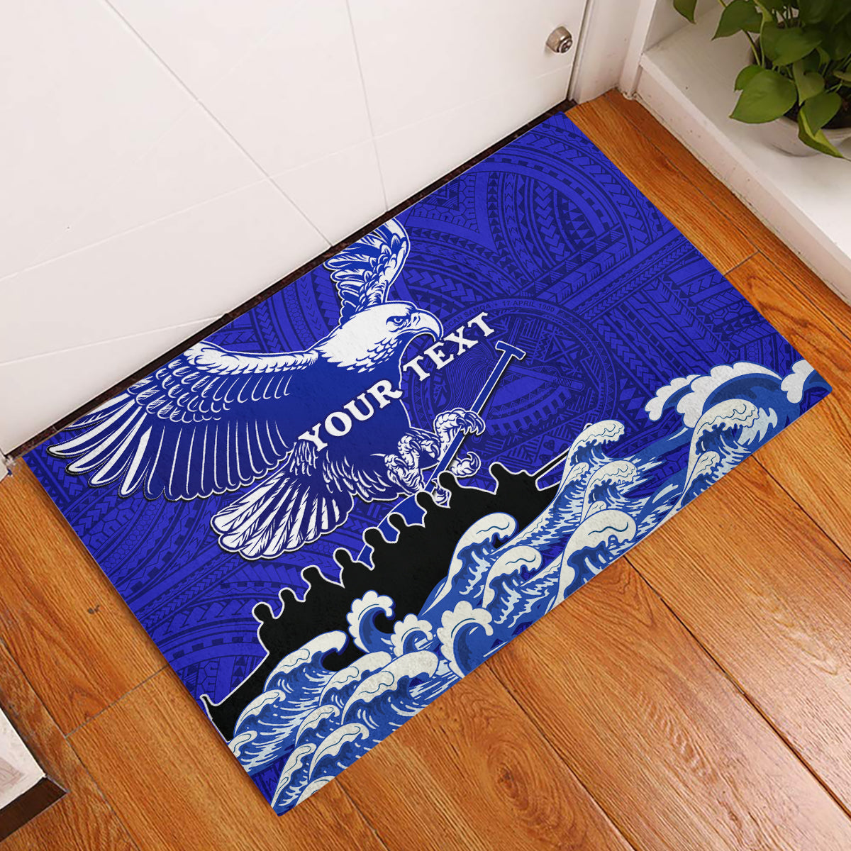 Personalised American Samoa Fautasi Race Rubber Doormat Eagle With Polynesian Pattern LT14 Blue - Polynesian Pride