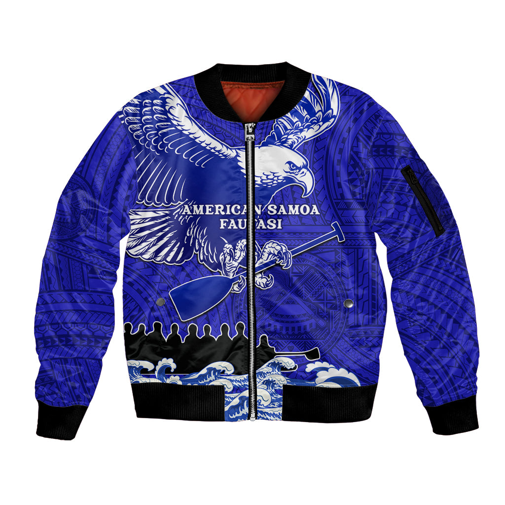 Personalised American Samoa Fautasi Race Sleeve Zip Bomber Jacket Eagle With Polynesian Pattern LT14 Unisex Blue - Polynesian Pride