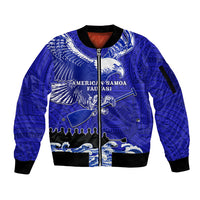 Personalised American Samoa Fautasi Race Sleeve Zip Bomber Jacket Eagle With Polynesian Pattern LT14 Unisex Blue - Polynesian Pride
