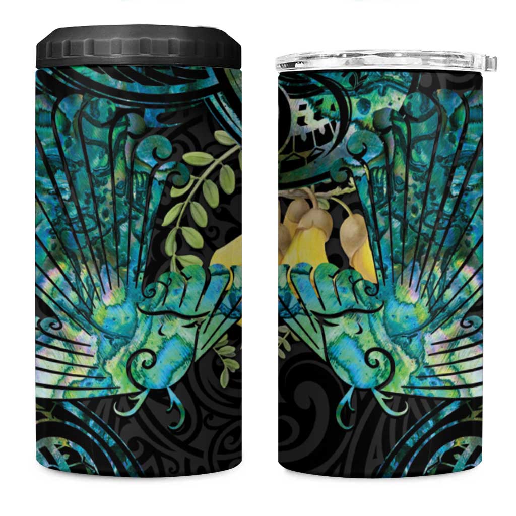 New Zealand Fantail Bird 4 in 1 Can Cooler Tumbler Maori Piwakawaka Kowhai - Paua Shell Pattern LT14 One Size: 16 oz Green - Polynesian Pride