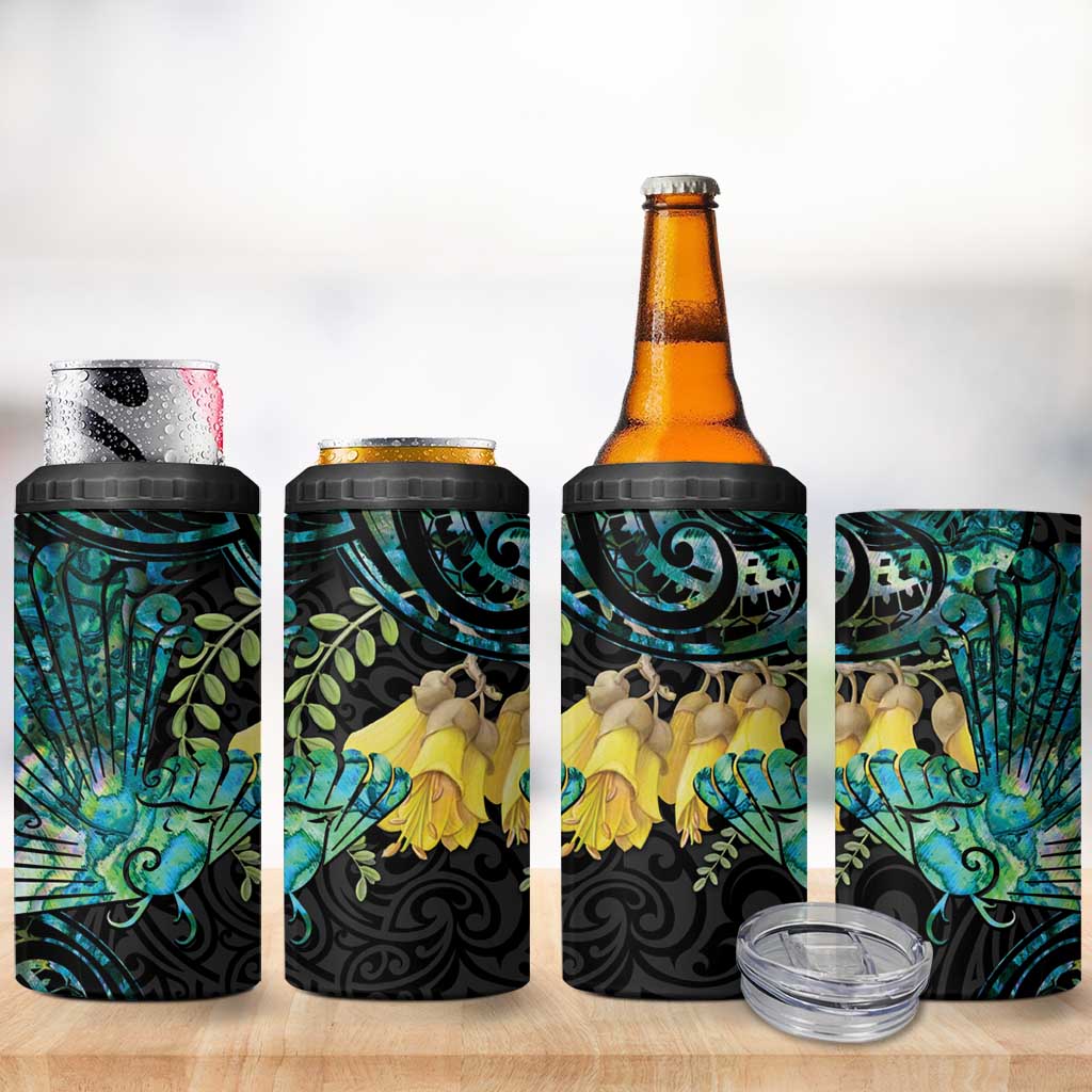 New Zealand Fantail Bird 4 in 1 Can Cooler Tumbler Maori Piwakawaka Kowhai - Paua Shell Pattern LT14 - Polynesian Pride