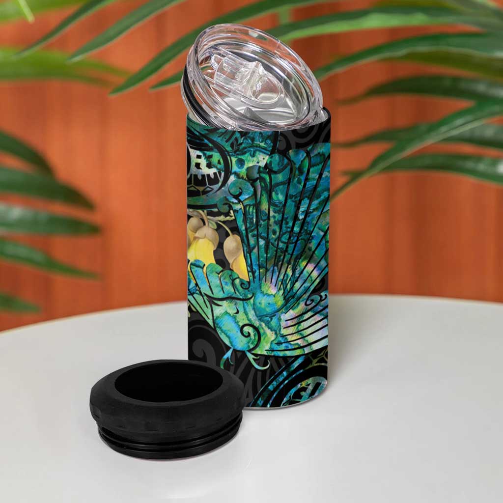 New Zealand Fantail Bird 4 in 1 Can Cooler Tumbler Maori Piwakawaka Kowhai - Paua Shell Pattern LT14 - Polynesian Pride