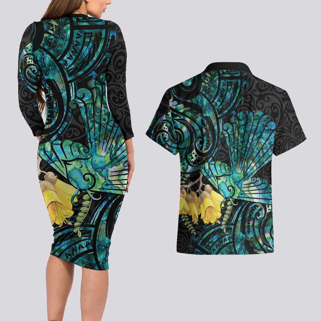 New Zealand Fantail Bird Couples Matching Long Sleeve Bodycon Dress and Hawaiian Shirt Maori Piwakawaka Kowhai - Paua Shell Pattern LT14 - Polynesian Pride
