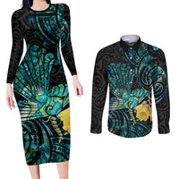 New Zealand Fantail Bird Couples Matching Long Sleeve Bodycon Dress and Long Sleeve Button Shirt Maori Piwakawaka Kowhai - Paua Shell Pattern LT14 Green - Polynesian Pride