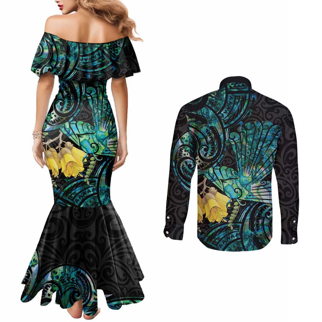 New Zealand Fantail Bird Couples Matching Mermaid Dress and Long Sleeve Button Shirt Maori Piwakawaka Kowhai - Paua Shell Pattern LT14 - Polynesian Pride
