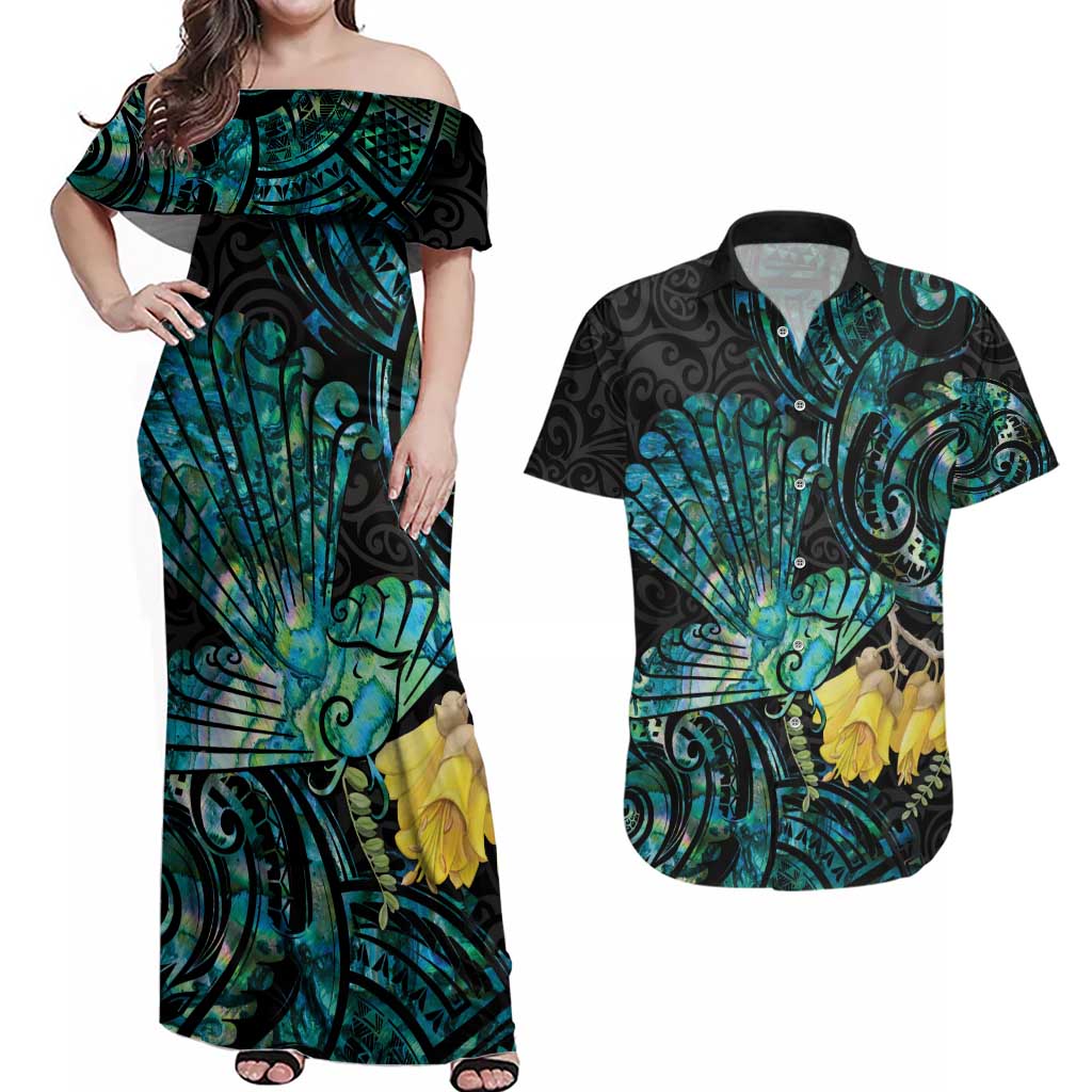 New Zealand Fantail Bird Couples Matching Off Shoulder Maxi Dress and Hawaiian Shirt Maori Piwakawaka Kowhai - Paua Shell Pattern LT14 Green - Polynesian Pride