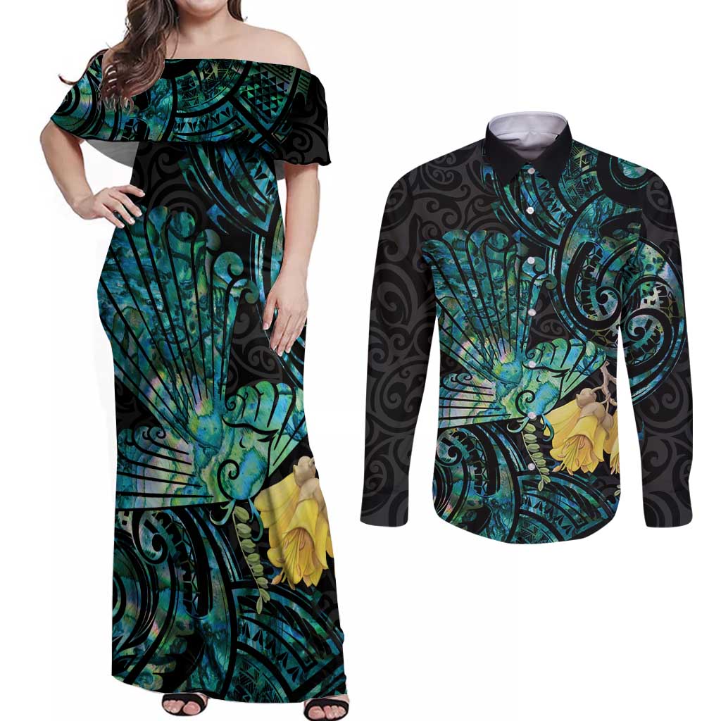 New Zealand Fantail Bird Couples Matching Off Shoulder Maxi Dress and Long Sleeve Button Shirt Maori Piwakawaka Kowhai - Paua Shell Pattern LT14 Green - Polynesian Pride