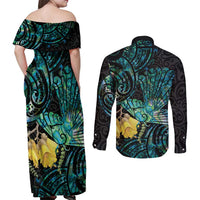 New Zealand Fantail Bird Couples Matching Off Shoulder Maxi Dress and Long Sleeve Button Shirt Maori Piwakawaka Kowhai - Paua Shell Pattern LT14 - Polynesian Pride