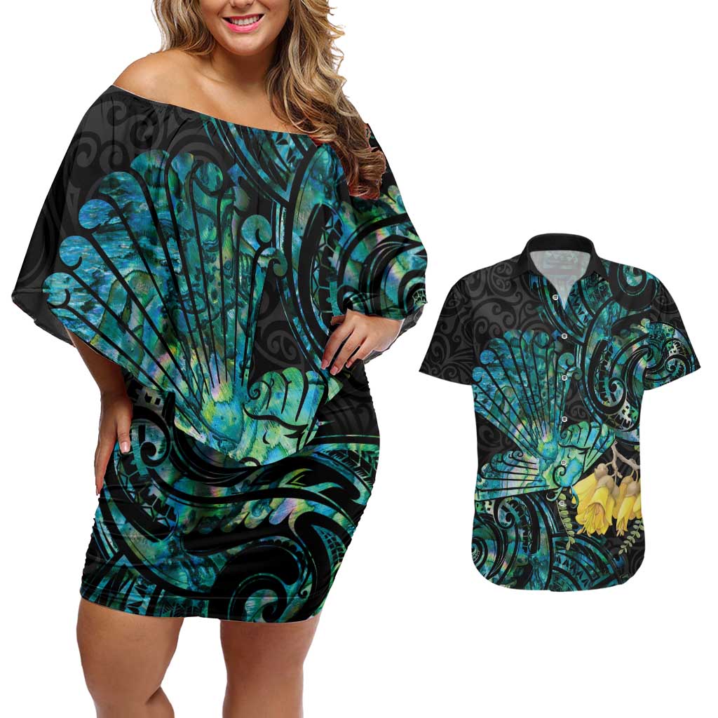 New Zealand Fantail Bird Couples Matching Off Shoulder Short Dress and Hawaiian Shirt Maori Piwakawaka Kowhai - Paua Shell Pattern LT14 Green - Polynesian Pride