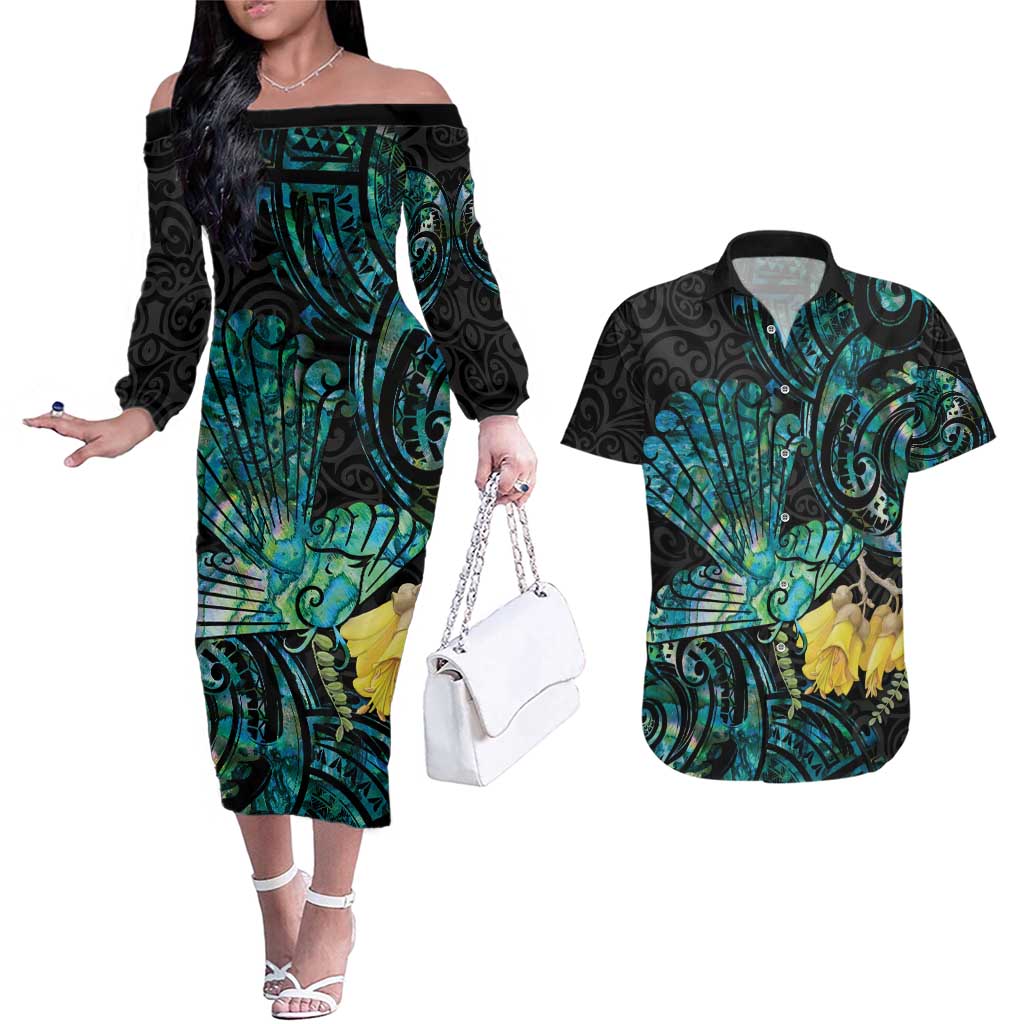 New Zealand Fantail Bird Couples Matching Off The Shoulder Long Sleeve Dress and Hawaiian Shirt Maori Piwakawaka Kowhai - Paua Shell Pattern LT14 Green - Polynesian Pride