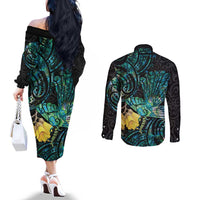 New Zealand Fantail Bird Couples Matching Off The Shoulder Long Sleeve Dress and Long Sleeve Button Shirt Maori Piwakawaka Kowhai - Paua Shell Pattern LT14 - Polynesian Pride