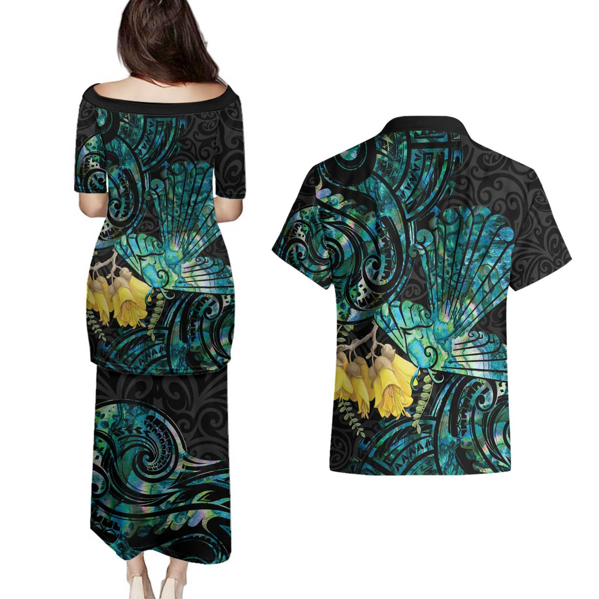 New Zealand Fantail Bird Couples Matching Puletasi and Hawaiian Shirt Maori Piwakawaka Kowhai - Paua Shell Pattern LT14 - Polynesian Pride
