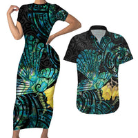 New Zealand Fantail Bird Couples Matching Short Sleeve Bodycon Dress and Hawaiian Shirt Maori Piwakawaka Kowhai - Paua Shell Pattern LT14 Green - Polynesian Pride