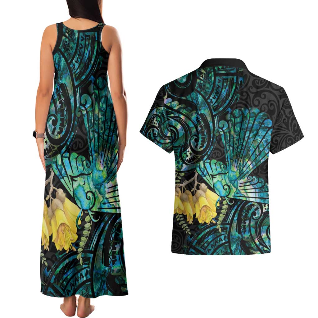 New Zealand Fantail Bird Couples Matching Tank Maxi Dress and Hawaiian Shirt Maori Piwakawaka Kowhai - Paua Shell Pattern LT14 - Polynesian Pride