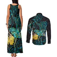 New Zealand Fantail Bird Couples Matching Tank Maxi Dress and Long Sleeve Button Shirt Maori Piwakawaka Kowhai - Paua Shell Pattern LT14 - Polynesian Pride
