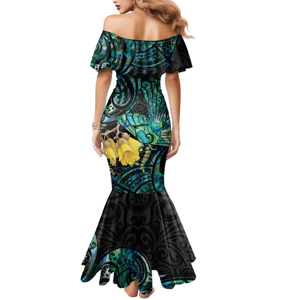 New Zealand Fantail Bird Family Matching Mermaid Dress and Hawaiian Shirt Maori Piwakawaka Kowhai - Paua Shell Pattern LT14 - Polynesian Pride