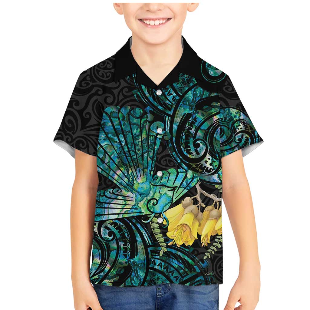 New Zealand Fantail Bird Family Matching Mermaid Dress and Hawaiian Shirt Maori Piwakawaka Kowhai - Paua Shell Pattern LT14 Son's Shirt Green - Polynesian Pride