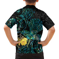 New Zealand Fantail Bird Family Matching Off The Shoulder Long Sleeve Dress and Hawaiian Shirt Maori Piwakawaka Kowhai - Paua Shell Pattern LT14 - Polynesian Pride