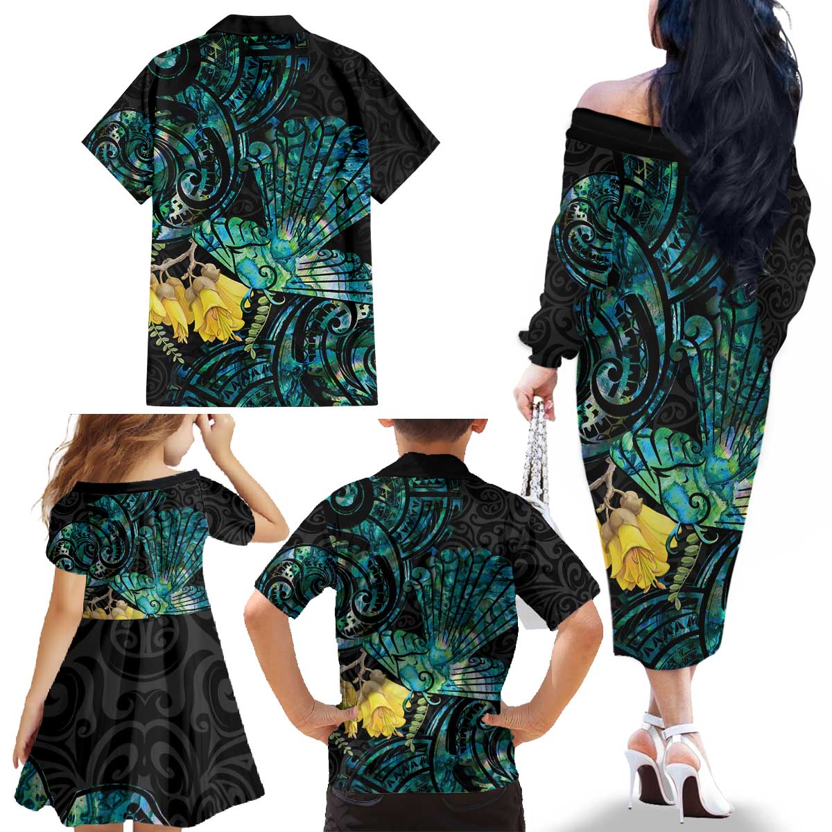 New Zealand Fantail Bird Family Matching Off The Shoulder Long Sleeve Dress and Hawaiian Shirt Maori Piwakawaka Kowhai - Paua Shell Pattern LT14 - Polynesian Pride