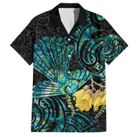 New Zealand Fantail Bird Family Matching Off The Shoulder Long Sleeve Dress and Hawaiian Shirt Maori Piwakawaka Kowhai - Paua Shell Pattern LT14 Dad's Shirt - Short Sleeve Green - Polynesian Pride