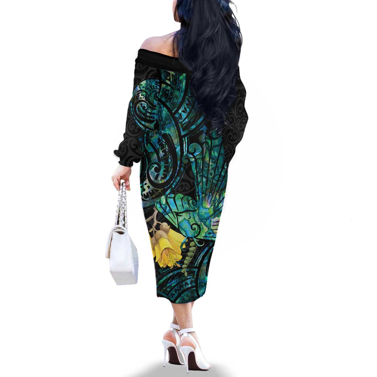 New Zealand Fantail Bird Family Matching Off The Shoulder Long Sleeve Dress and Hawaiian Shirt Maori Piwakawaka Kowhai - Paua Shell Pattern LT14 - Polynesian Pride