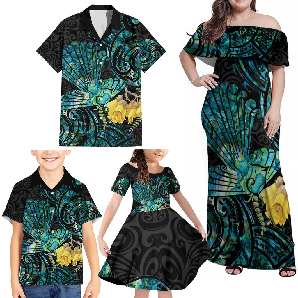 New Zealand Fantail Bird Family Matching Off Shoulder Maxi Dress and Hawaiian Shirt Maori Piwakawaka Kowhai - Paua Shell Pattern LT14 - Polynesian Pride