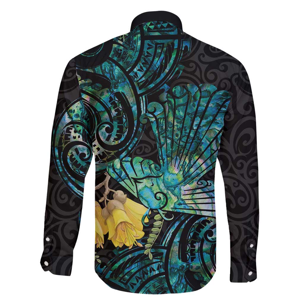 New Zealand Fantail Bird Family Matching Off Shoulder Maxi Dress and Hawaiian Shirt Maori Piwakawaka Kowhai - Paua Shell Pattern LT14 - Polynesian Pride