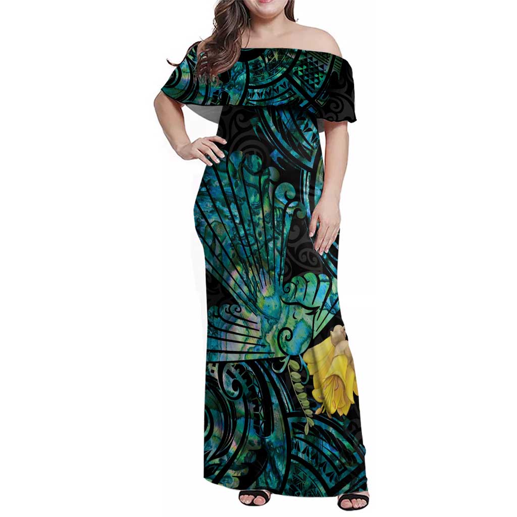 New Zealand Fantail Bird Family Matching Off Shoulder Maxi Dress and Hawaiian Shirt Maori Piwakawaka Kowhai - Paua Shell Pattern LT14 Mom's Dress Green - Polynesian Pride
