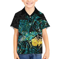 New Zealand Fantail Bird Family Matching Off Shoulder Maxi Dress and Hawaiian Shirt Maori Piwakawaka Kowhai - Paua Shell Pattern LT14 Son's Shirt Green - Polynesian Pride