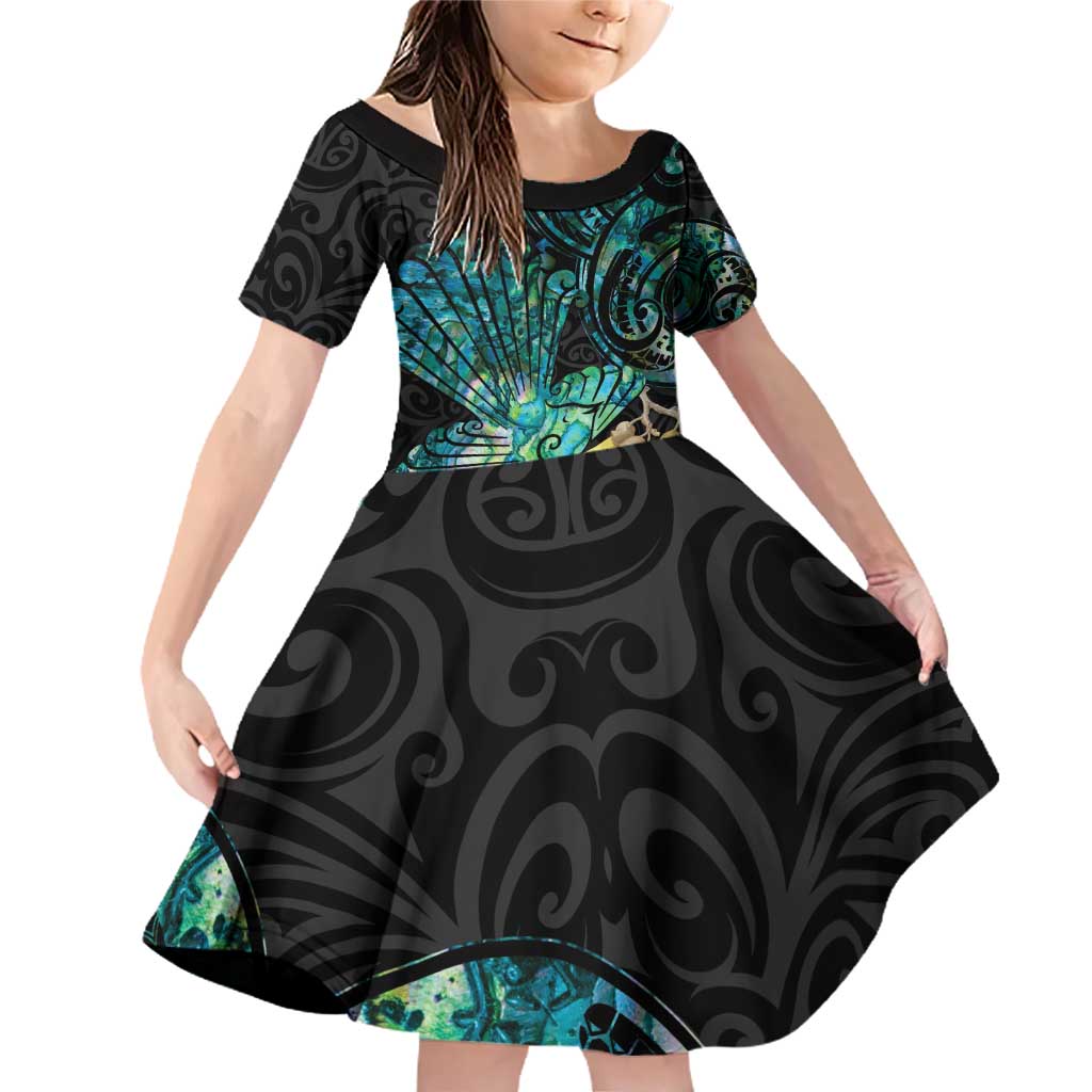 New Zealand Fantail Bird Family Matching Off Shoulder Short Dress and Hawaiian Shirt Maori Piwakawaka Kowhai - Paua Shell Pattern LT14 Daughter's Dress Green - Polynesian Pride