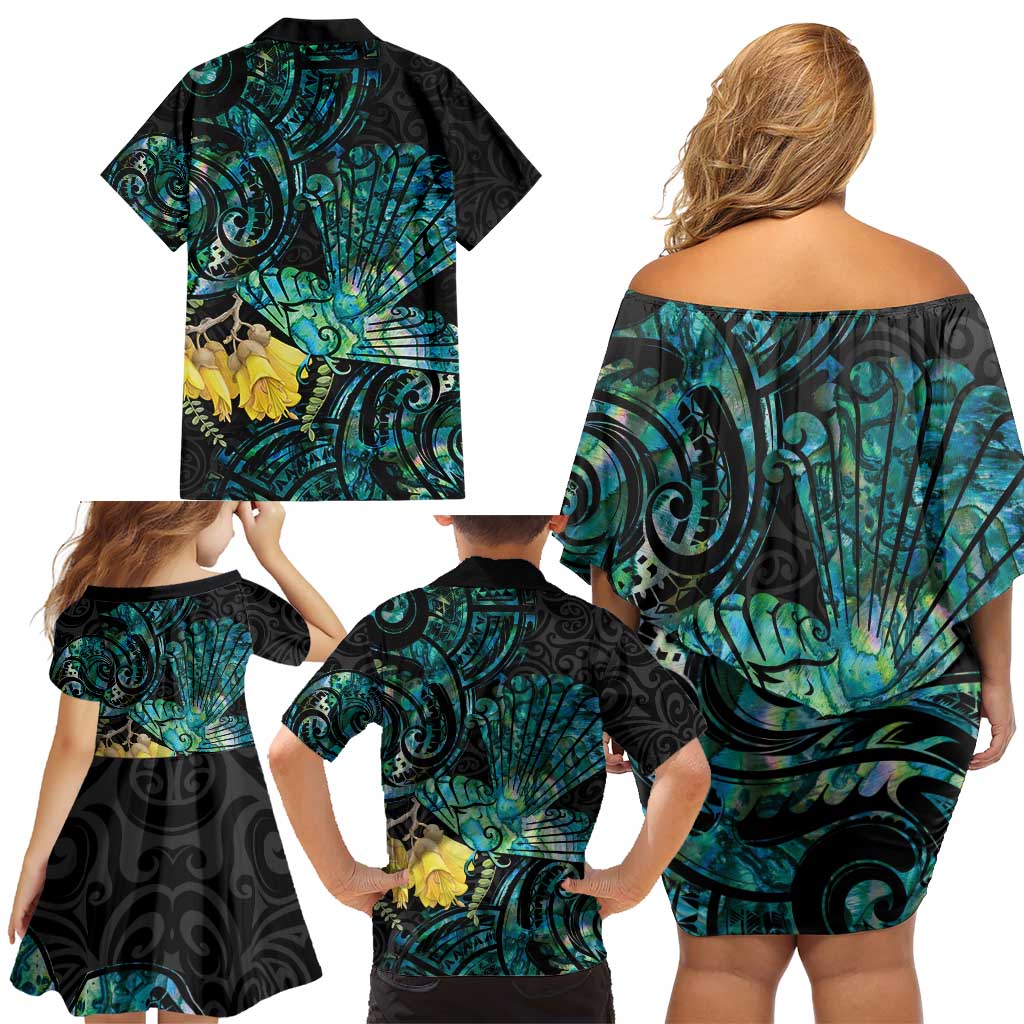 New Zealand Fantail Bird Family Matching Off Shoulder Short Dress and Hawaiian Shirt Maori Piwakawaka Kowhai - Paua Shell Pattern LT14 - Polynesian Pride