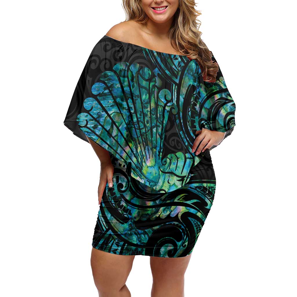New Zealand Fantail Bird Family Matching Off Shoulder Short Dress and Hawaiian Shirt Maori Piwakawaka Kowhai - Paua Shell Pattern LT14 Mom's Dress Green - Polynesian Pride
