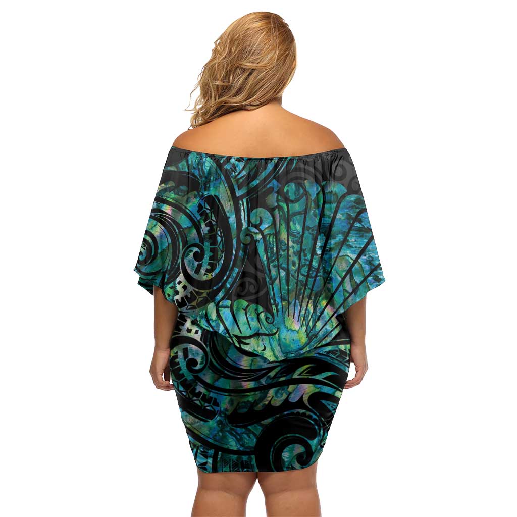 New Zealand Fantail Bird Family Matching Off Shoulder Short Dress and Hawaiian Shirt Maori Piwakawaka Kowhai - Paua Shell Pattern LT14 - Polynesian Pride