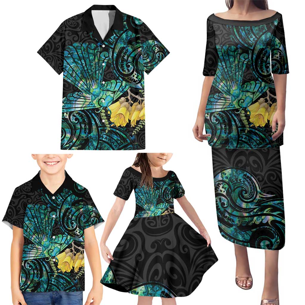 New Zealand Fantail Bird Family Matching Puletasi and Hawaiian Shirt Maori Piwakawaka Kowhai - Paua Shell Pattern LT14 - Polynesian Pride