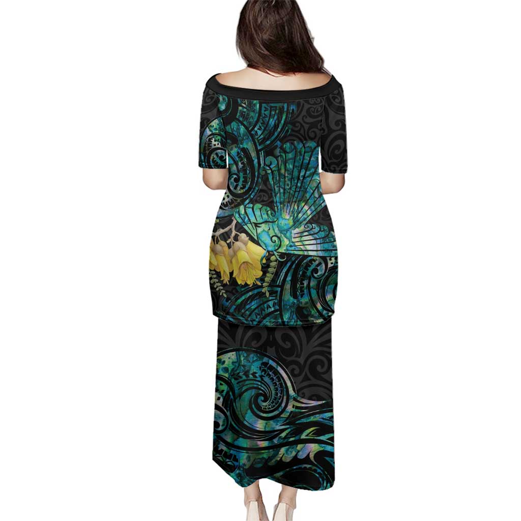 New Zealand Fantail Bird Family Matching Puletasi and Hawaiian Shirt Maori Piwakawaka Kowhai - Paua Shell Pattern LT14 - Polynesian Pride