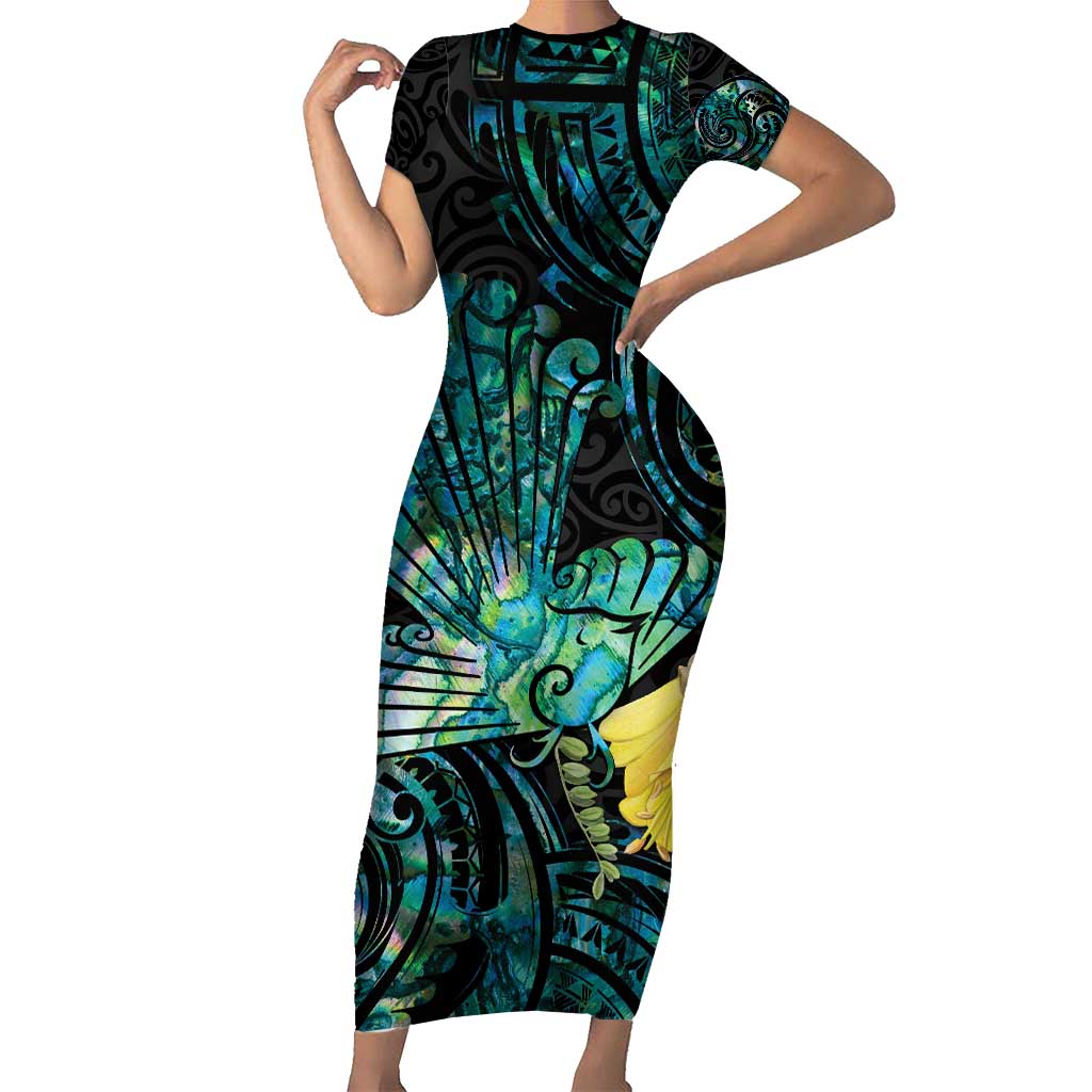 New Zealand Fantail Bird Family Matching Short Sleeve Bodycon Dress and Hawaiian Shirt Maori Piwakawaka Kowhai - Paua Shell Pattern LT14 Mom's Dress Green - Polynesian Pride