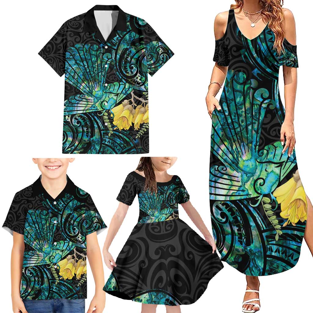 New Zealand Fantail Bird Family Matching Summer Maxi Dress and Hawaiian Shirt Maori Piwakawaka Kowhai - Paua Shell Pattern LT14 - Polynesian Pride