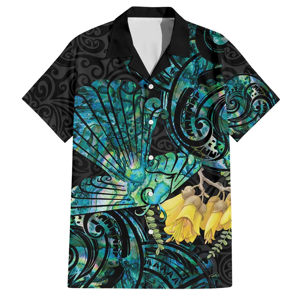 New Zealand Fantail Bird Family Matching Summer Maxi Dress and Hawaiian Shirt Maori Piwakawaka Kowhai - Paua Shell Pattern LT14 Dad's Shirt - Short Sleeve Green - Polynesian Pride