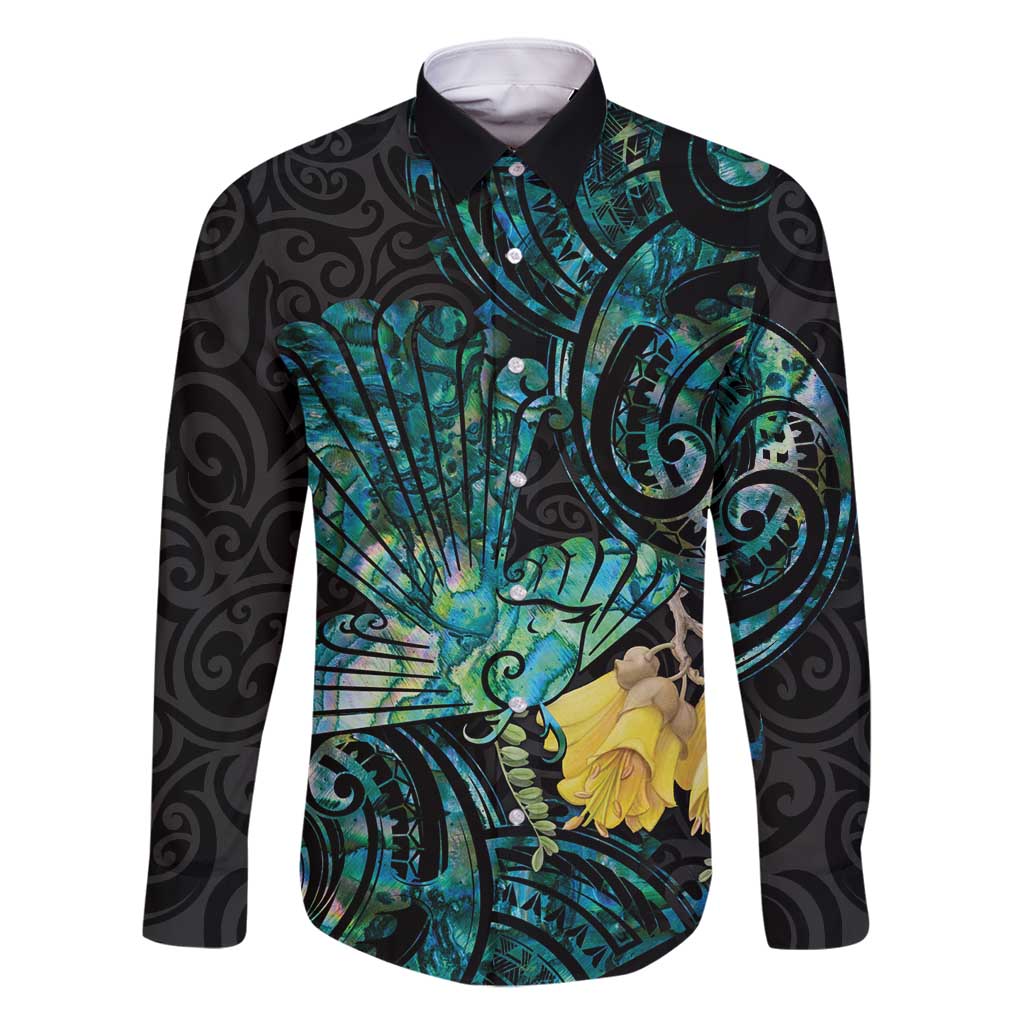 New Zealand Fantail Bird Family Matching Summer Maxi Dress and Hawaiian Shirt Maori Piwakawaka Kowhai - Paua Shell Pattern LT14 Dad's Shirt - Long Sleeve Green - Polynesian Pride
