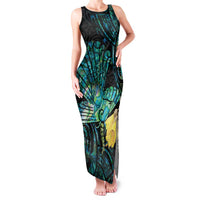 New Zealand Fantail Bird Family Matching Tank Maxi Dress and Hawaiian Shirt Maori Piwakawaka Kowhai - Paua Shell Pattern LT14 Mom's Dress Green - Polynesian Pride