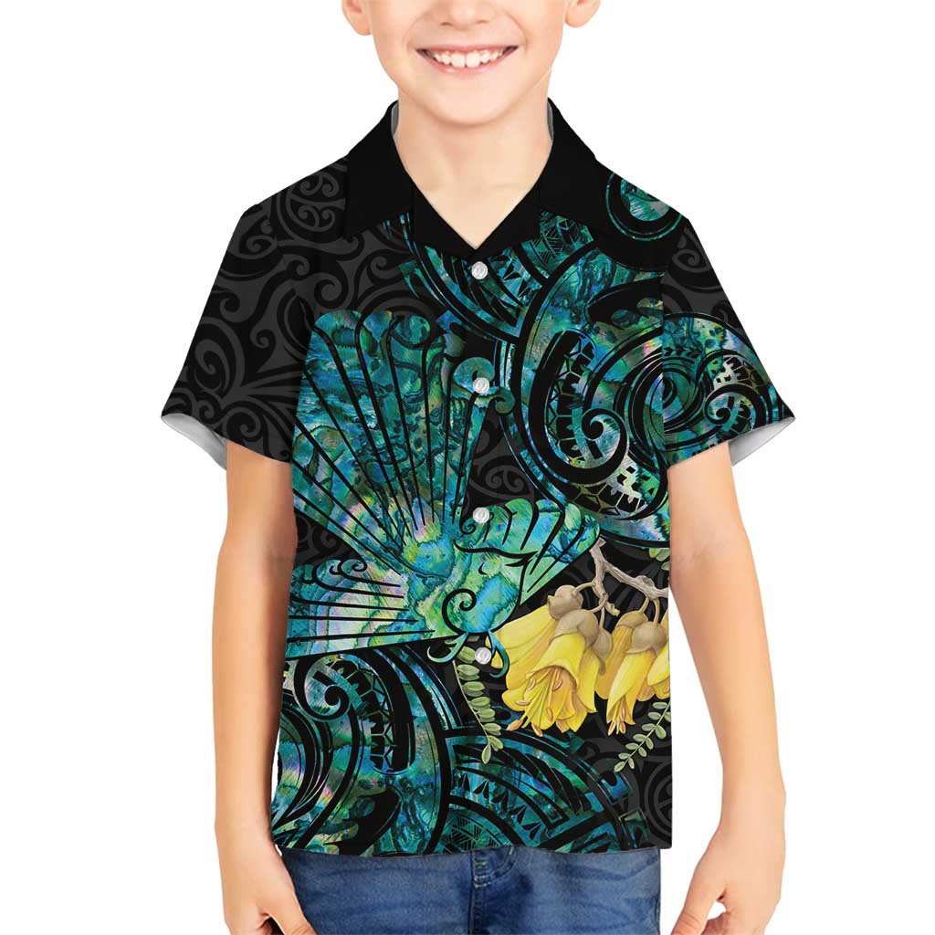 New Zealand Fantail Bird Family Matching Tank Maxi Dress and Hawaiian Shirt Maori Piwakawaka Kowhai - Paua Shell Pattern LT14 Son's Shirt Green - Polynesian Pride