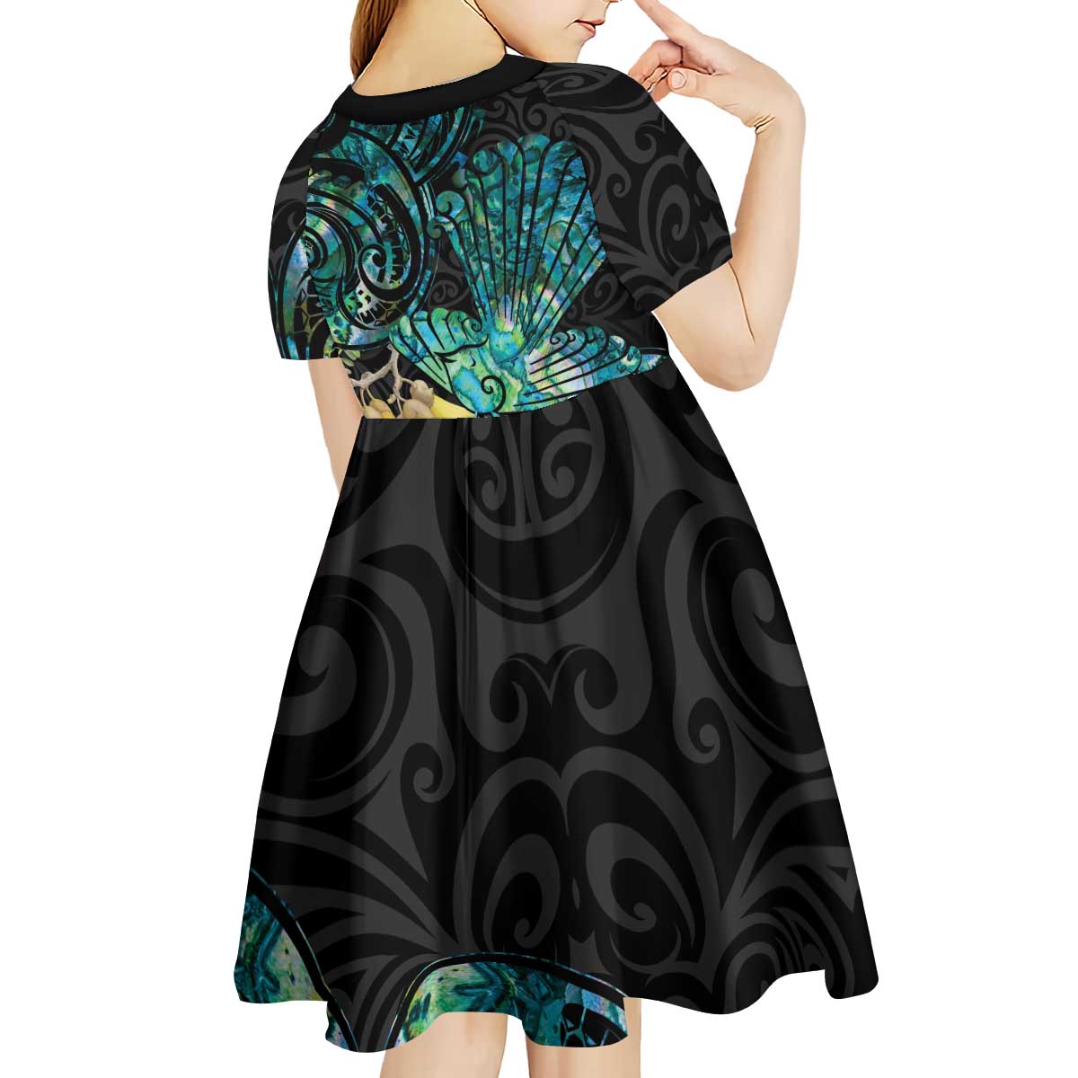 New Zealand Fantail Bird Kid Short Sleeve Dress Maori Piwakawaka Kowhai - Paua Shell Pattern