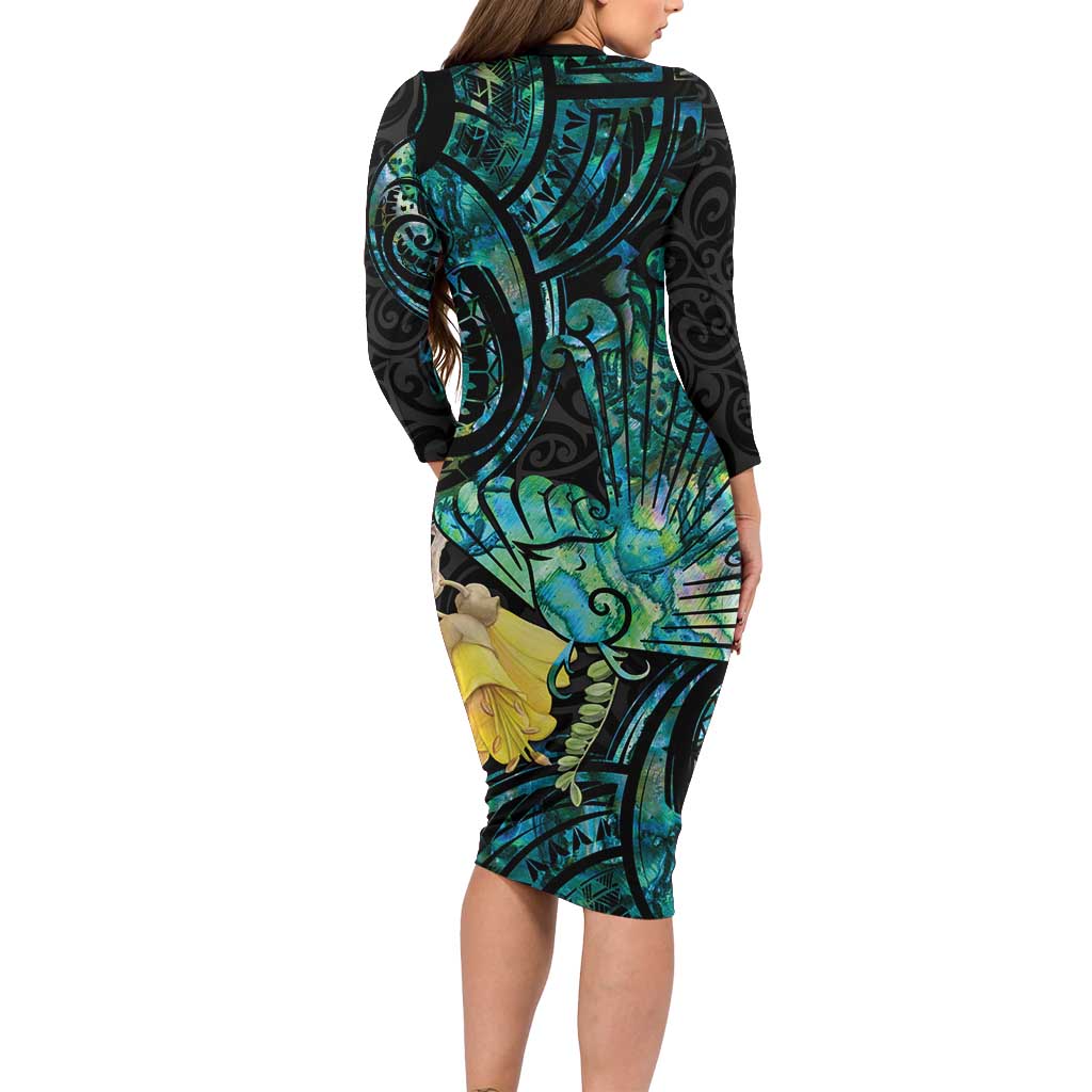 New Zealand Fantail Bird Long Sleeve Bodycon Dress Maori Piwakawaka Kowhai - Paua Shell Pattern LT14 - Polynesian Pride