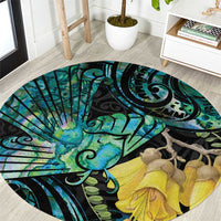 New Zealand Fantail Bird Round Carpet Maori Piwakawaka Kowhai - Paua Shell Pattern LT14 Green - Polynesian Pride